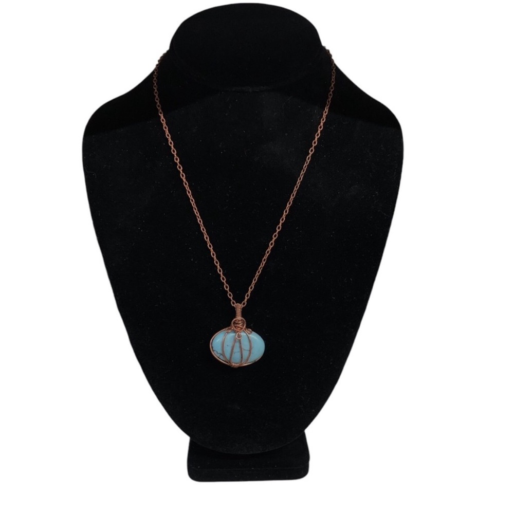 UNBRANDED TURQUOISE Colored MAGNESITE COPPER Wire Wrapped PUMPKIN Charm PENDANT